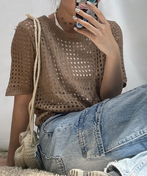 Ulysses(ユリシス)の「クロシェニットサマーニットトップス(Tシャツ/カットソー・レディース・ベージュ/ホワイト/ブラック/グリーン/グレー/ブルー/モカ/オレンジ/パープル/イエロー/ライトブルー/ダークベージュ・F)」の17枚目の写真