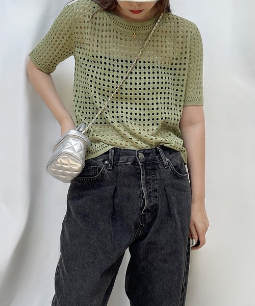 Ulysses(ユリシス)の「クロシェニットサマーニットトップス(Tシャツ/カットソー・レディース・ベージュ/ホワイト/ブラック/グリーン/グレー/ブルー/モカ/オレンジ/パープル/イエロー/ライトブルー/ダークベージュ・F)」の14枚目の写真