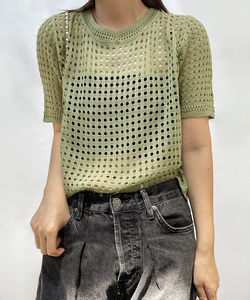 Ulysses(ユリシス)の「クロシェニットサマーニットトップス(Tシャツ/カットソー・レディース・ベージュ/ホワイト/ブラック/グリーン/グレー/ブルー/モカ/オレンジ/パープル/イエロー/ライトブルー/ダークベージュ・F)」の15枚目の写真