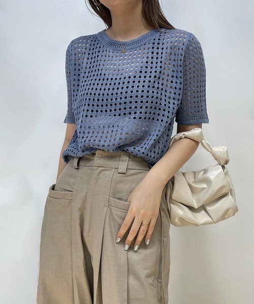 Ulysses(ユリシス)の「クロシェニットサマーニットトップス(Tシャツ/カットソー・レディース・ベージュ/ホワイト/ブラック/グリーン/グレー/ブルー/モカ/オレンジ/パープル/イエロー/ライトブルー/ダークベージュ・F)」の16枚目の写真