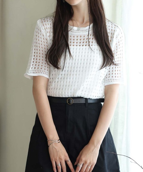 Ulysses(ユリシス)の「クロシェニットサマーニットトップス(Tシャツ/カットソー・レディース・ベージュ/ホワイト/ブラック/グリーン/グレー/ブルー/モカ/オレンジ/パープル/イエロー/ライトブルー/ダークベージュ・F)」の22枚目の写真