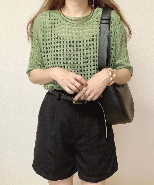 Ulysses(ユリシス)の「クロシェニットサマーニットトップス(Tシャツ/カットソー・レディース・ベージュ/ホワイト/ブラック/グリーン/グレー/ブルー/モカ/オレンジ/パープル/イエロー/ライトブルー/ダークベージュ・F)」の18枚目の写真