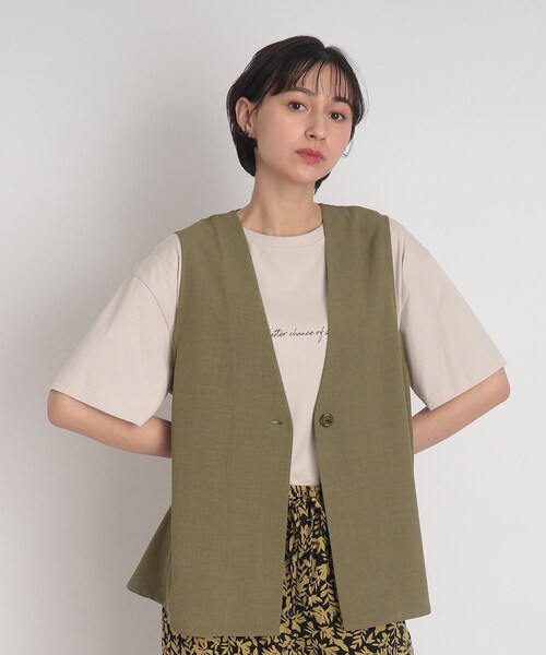 ベスト ジレ 「セットアップ可能」麻調　ペプラムジレ　ベージュ/ネイビー レディース Perfect Suit FActory ベスト ジレ 「セットアップ可能」麻調