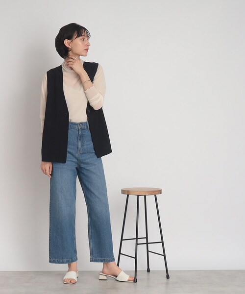 ベスト ジレ 「セットアップ可能」麻調　ペプラムジレ　ベージュ/ネイビー レディース ベージュ ＜セットアップ可能＞麻調 ペプラムジレ ベージュ