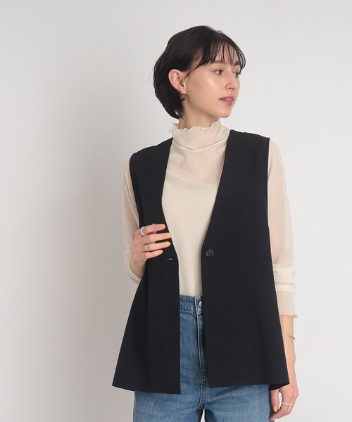 ベスト ジレ 「セットアップ可能」麻調　ペプラムジレ　ベージュ/ネイビー レディース ベージュ ＜セットアップ可能＞麻調 ペプラムジレ ベージュ