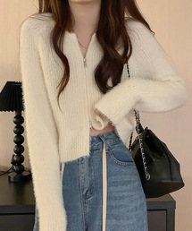 shopnikoniko | シャギーニット カーディガン ショート丈 モヘアカーディーガン y2kファッション 韓国 ジップアップ モヘアニット(ニット/セーター)