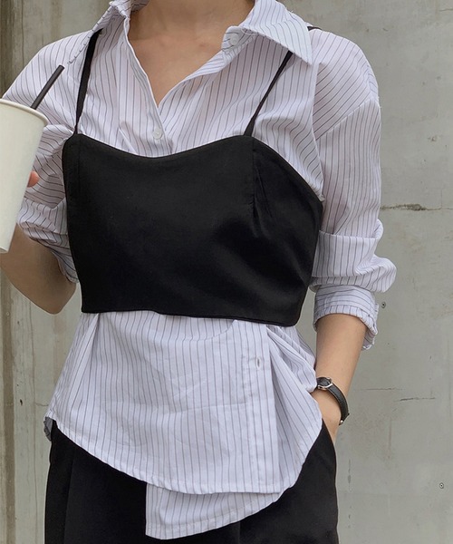 DAY CLOSET(デイ クローゼット)の「レディース バックリボンビスチェ風ベスト+2WAYストライプシャツ 2点セット(シャツ/ブラウス・レディース・ブラック・S/L/XL/M)」の3枚目の写真