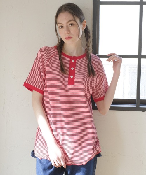 セール】ボーダーヘンリーワッフルショートスリーブT / 半袖 / Tシャツ