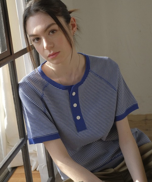ボーダーヘンリーワッフルショートスリーブT / 半袖 / Tシャツ