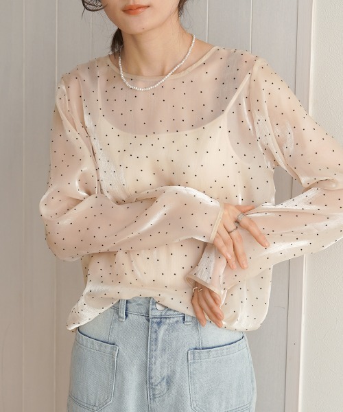 Bab（バブ）の「【オケージョンドレス/結婚式/SET ITEM】フロッキードットブラウス（シャツ/ブラウス・レディース・ブラック/アイボリー/チャコールグレー/ベージュ・M）」の16枚目の写真