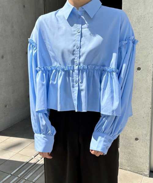O'fmus(オフムス)の「ペプラムギャザーブラウス【O'fmus】ofmw24s001(シャツ/ブラウス・レディース・サックスブルー/ホワイト・FREE)」の7枚目の写真