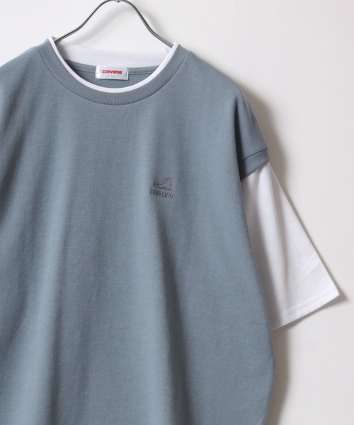 CONVERSE（コンバース）の「CONVERSE/コンバース  鹿の子ベスト フェイクレイヤード オーバーサイズ半袖Tシャツ レディース メンズ（Tシャツ/カットソー・レディース・オートミール/ブラック/ブルー・LL/L/M）」の3枚目の写真