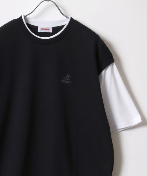 CONVERSE（コンバース）の「CONVERSE/コンバース  鹿の子ベスト フェイクレイヤード オーバーサイズ半袖Tシャツ レディース メンズ（Tシャツ/カットソー・レディース・オートミール/ブラック/ブルー・LL/L/M）」の2枚目の写真