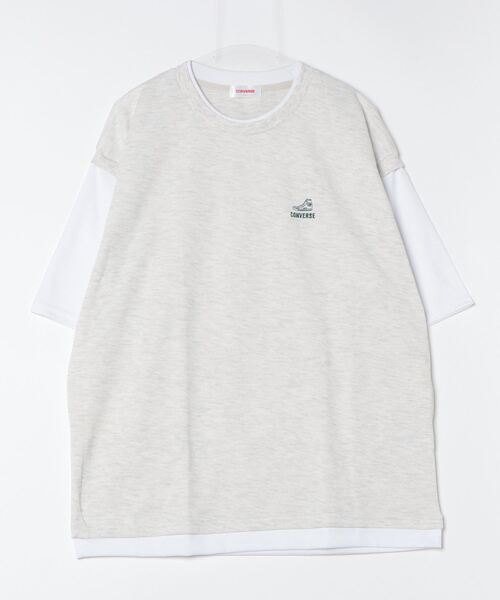 CONVERSE（コンバース）の「CONVERSE/コンバース  鹿の子ベスト フェイクレイヤード オーバーサイズ半袖Tシャツ レディース メンズ（Tシャツ/カットソー・レディース・オートミール/ブラック/ブルー・LL/L/M）」の4枚目の写真