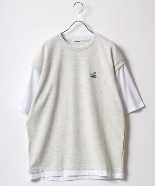 CONVERSE（コンバース）の「CONVERSE/コンバース  鹿の子ベスト フェイクレイヤード オーバーサイズ半袖Tシャツ レディース メンズ（Tシャツ/カットソー・レディース・オートミール/ブラック/ブルー・LL/L/M）」の8枚目の写真