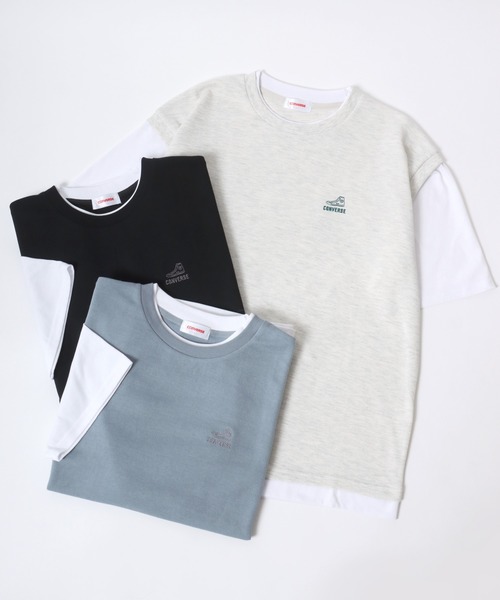 CONVERSE（コンバース）の「CONVERSE/コンバース  鹿の子ベスト フェイクレイヤード オーバーサイズ半袖Tシャツ レディース メンズ（Tシャツ/カットソー・レディース・オートミール/ブラック/ブルー・LL/L/M）」の19枚目の写真