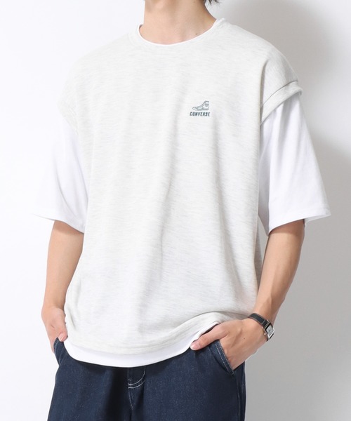 CONVERSE（コンバース）の「CONVERSE/コンバース  鹿の子ベスト フェイクレイヤード オーバーサイズ半袖Tシャツ レディース メンズ（Tシャツ/カットソー・レディース・オートミール/ブラック/ブルー・LL/L/M）」の20枚目の写真