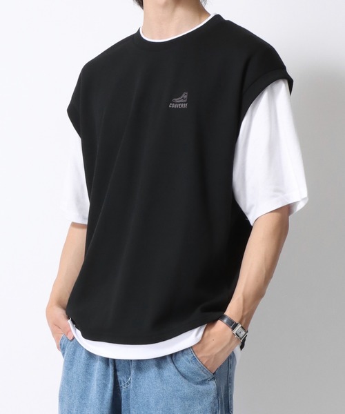 CONVERSE（コンバース）の「CONVERSE/コンバース  鹿の子ベスト フェイクレイヤード オーバーサイズ半袖Tシャツ レディース メンズ（Tシャツ/カットソー・レディース・オートミール/ブラック/ブルー・LL/L/M）」の22枚目の写真