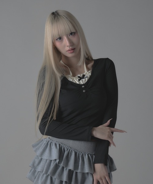 新品未使用　pium ティアードフリルドーリーミニスカートブラックミックス最安値 ティアードフリルドーリーミニスカート – pium