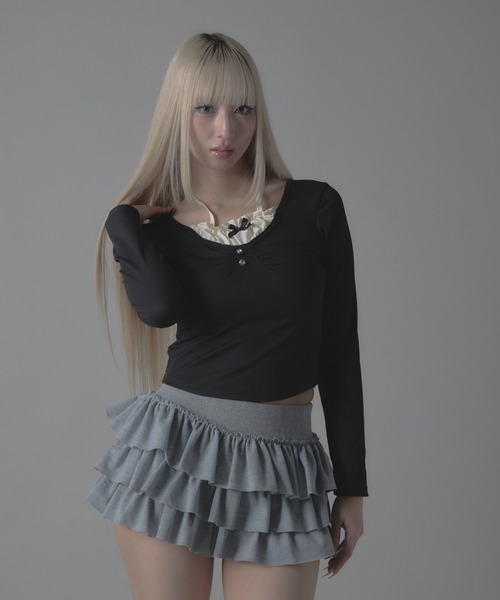 ティアードフリル付きグレーのミニスカート フリル付きグレーのミニスカート フリルティアードミニスカート