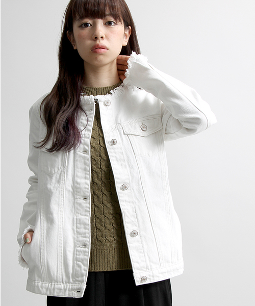 WEGO（ウィゴー）の「WEGO/ノーカラーデニムジャケット（デニムジャケット・レディース・ブラック/ダークインディゴブルー/オフホワイト・FREE）」の2枚目の写真