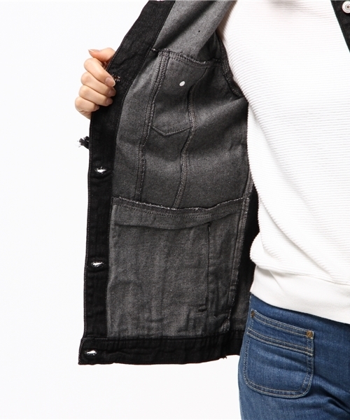 WEGO（ウィゴー）の「WEGO/ノーカラーデニムジャケット（デニムジャケット・レディース・ブラック/ダークインディゴブルー/オフホワイト・FREE）」の12枚目の写真