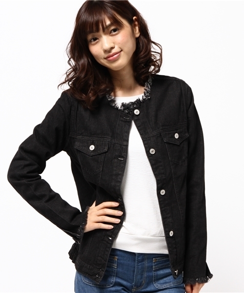 WEGO（ウィゴー）の「WEGO/ノーカラーデニムジャケット（デニムジャケット・レディース・ブラック/ダークインディゴブルー/オフホワイト・FREE）」の7枚目の写真