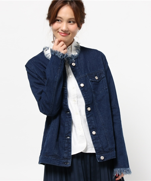 WEGO（ウィゴー）の「WEGO/ノーカラーデニムジャケット（デニムジャケット・レディース・ブラック/ダークインディゴブルー/オフホワイト・FREE）」の5枚目の写真