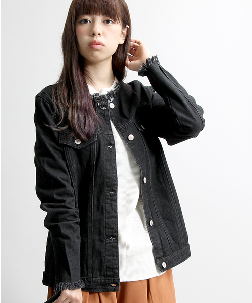 WEGO（ウィゴー）の「WEGO/ノーカラーデニムジャケット（デニムジャケット・レディース・ブラック/ダークインディゴブルー/オフホワイト・FREE）」の20枚目の写真