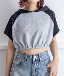 clear | フード付き配色ラインストーンロゴ半袖パーカトップス≪2024SS新作≫(パーカー)