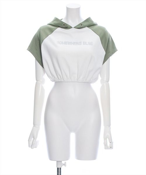 clear(クリア)の「フード付き配色ラインストーンロゴ半袖パーカトップス(パーカー・レディース・グレー系その他/ホワイト×ブラック/ホワイト系その他・F)」の18枚目の写真