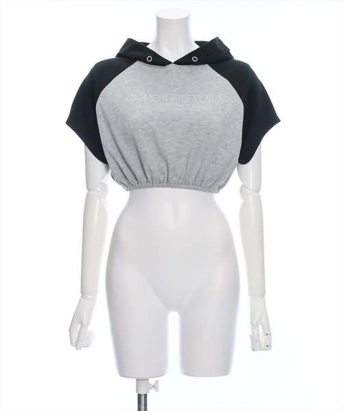 clear(クリア)の「フード付き配色ラインストーンロゴ半袖パーカトップス(パーカー・レディース・グレー系その他/ホワイト×ブラック/ホワイト系その他・F)」の19枚目の写真