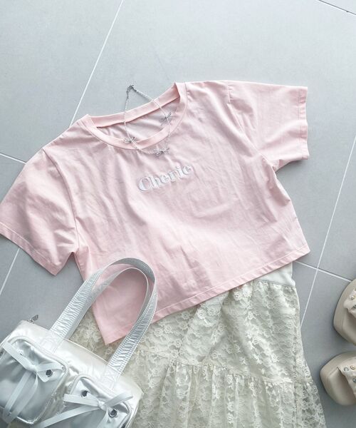 MAJESTIC LEGON(マジェスティックレゴン)の「エンブロイダリーロゴクロップドT(Tシャツ/カットソー・レディース・イエロー/ピンク系その他2/ブラック系その他/ピンク/ブラック・MEDIUM)」の5枚目の写真