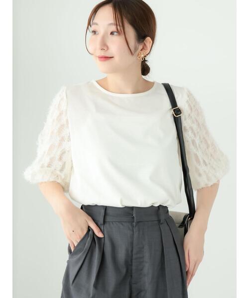 tシャツ 袖チュール切り替えトップス　Tシャツ・カットソー レディース 楽天市場】トップス チュール レディース 半袖 ドッキング