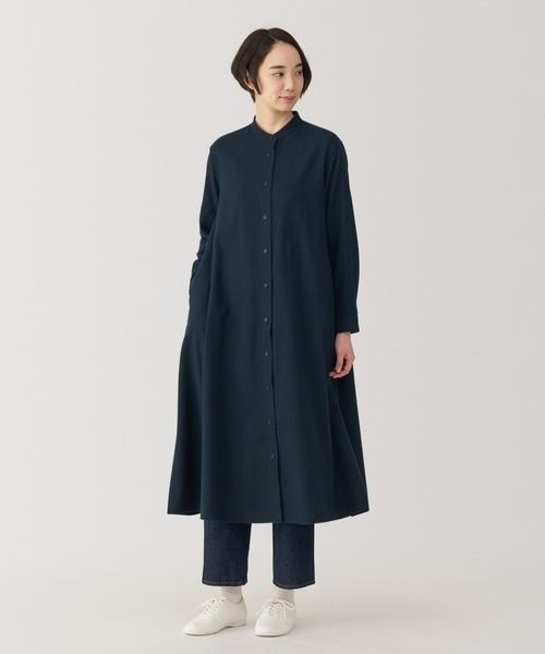 セール】婦人 両面起毛フランネル スタンドカラー長袖ワンピース