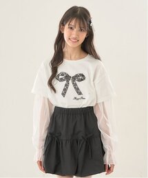 袖チュールレイヤードTシャツ