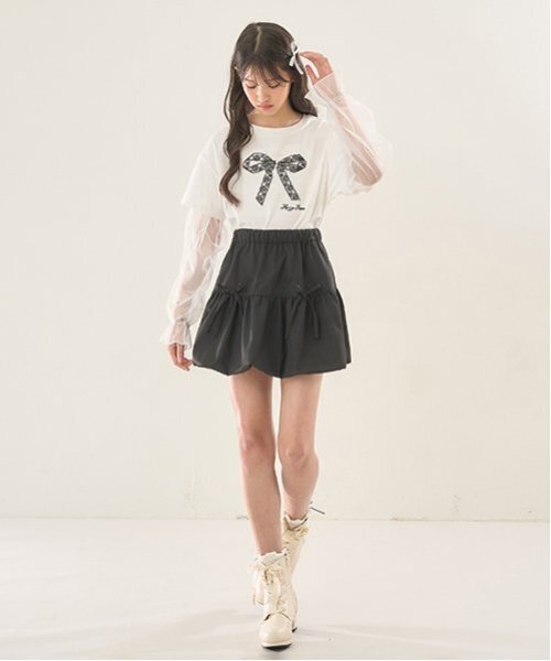 mezzo piano Junior(メゾピアノジュニア)の「袖チュールレイヤードTシャツ(Tシャツ/カットソー・キッズ・ライトピンク/ブラック/オフホワイト・S/M/L)」の16枚目の写真