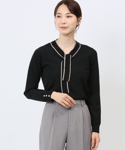 m.f.editorial（エムエフエディトリアル）の「【ウォッシャブル 静電気防止 ストレッチ ウォッシャブル】m.f.エディトリアル レディース 配色ボウタイ ニットプルオーバー（ニット/セーター・レディース・ネイビー/ブラック/ブルー/ブラウン/ホワイト・MEDIUM/LARGE）」の3枚目の写真