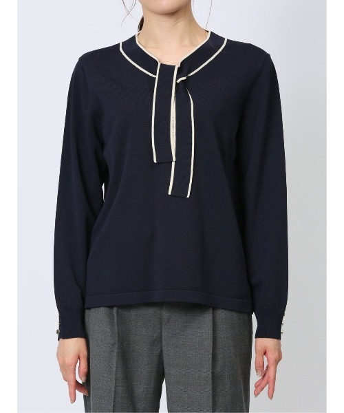 m.f.editorial（エムエフエディトリアル）の「【ウォッシャブル 静電気防止 ストレッチ ウォッシャブル】m.f.エディトリアル レディース 配色ボウタイ ニットプルオーバー（ニット/セーター・レディース・ネイビー/ブラック/ブルー/ブラウン/ホワイト・MEDIUM/LARGE）」の8枚目の写真