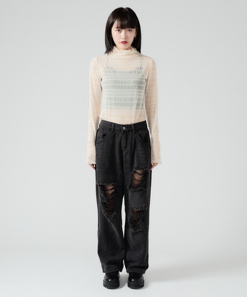 Chick(チック)の「Random Damage Denim Pants / ランダム ダメージ ストレートデニムパンツ(デニムパンツ・レディース・ブラック/ブルー・M/L)」の20枚目の写真