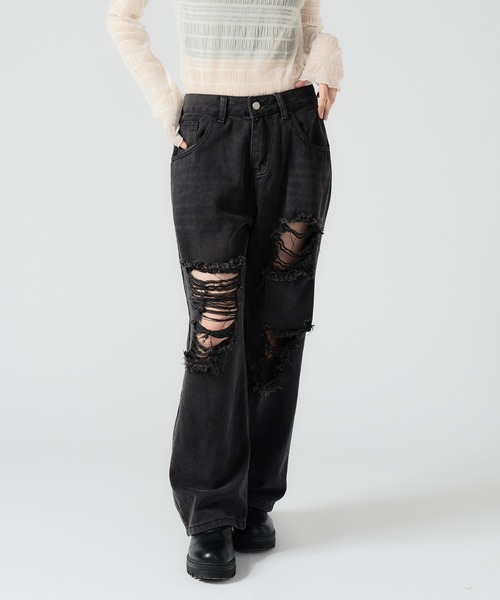 Chick(チック)の「Random Damage Denim Pants / ランダム ダメージ ストレートデニムパンツ(デニムパンツ・レディース・ブラック/ブルー・M/L)」の19枚目の写真