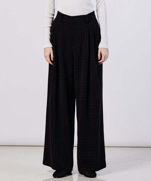 Sov.(ソブ)の「ウィンドウチェックワイドパンツ(スラックス・レディース・ブラック・36/38)」の2枚目の写真