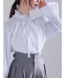 ストライプスタンドフリル&リボンブラウス