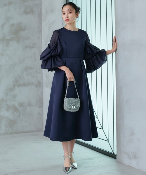 新品✨Leja ドレス 結婚式 お呼ばれ ワンピース フレア ブラック S セール】【LEJA】レースビッグカラー花柄刺繍ウエストマーク