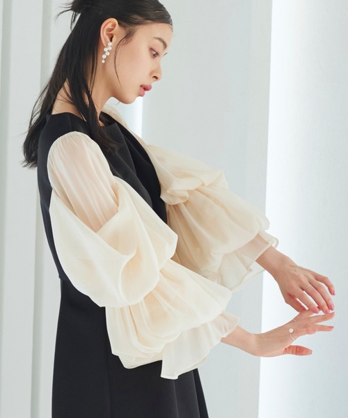 RUIRUE BOUTIQUE（ルイルエブティック）の「オケージョンドレス 結婚式 ｜ ボリューム ブラウジングスリーブ ＆ フレアワンピース ドレス ｜ 二次会 披露宴 美脚 ワンピース お呼ばれドレス パーティードレス（ドレス・レディース・ブラック×ベージュ/ネイビー/ブラック・LL/S/M/L）」の5枚目の写真