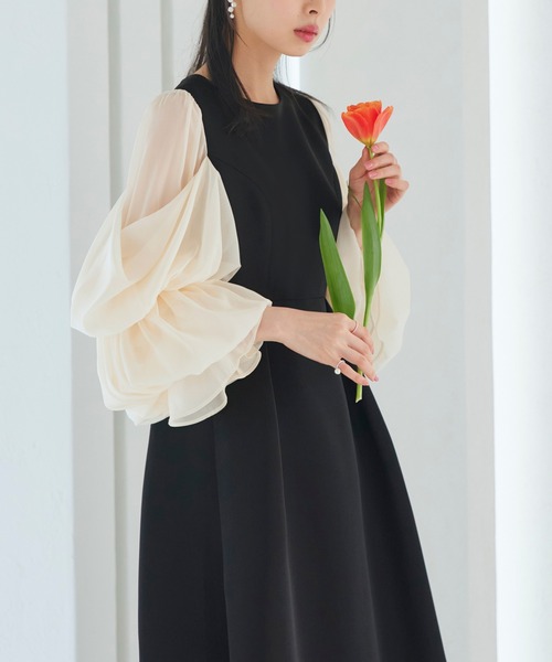 ⭐︎人気カラー　フレアスリーブ　ワンピースオケージョン　結婚式 GIRL DRESS FOR NOW ドレス レース切替えパフスリーブ フレア