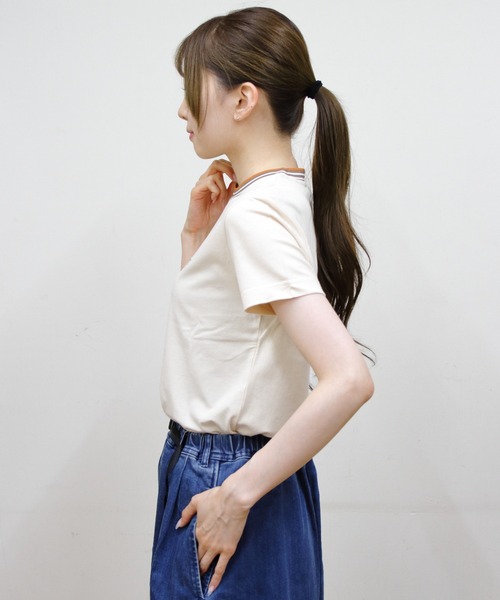 GYMPHLEX(ジムフレックス)の「GYMPHLEX/ジムフレックス クルーネックニットラインTEEシャツ CREWNECK KNIT-LINE TEE GY-C0448 CCB(Tシャツ/カットソー・レディース・ネイビー/ベージュ/ホワイト/ブラウン・14)」の18枚目の写真