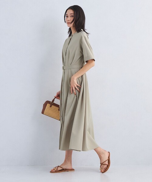 green label relaxing（グリーンレーベルリラクシング）の「ベルト フレア ショートスリーブ ワンピース -マシンウォッシャブル-（ワンピース・レディース・ネイビー/ベージュ/ライトグレー・FREE）」の7枚目の写真