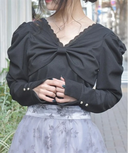 axes femme(アクシーズファム)の「2WAYリボントップス(Tシャツ/カットソー・レディース・ブラック/イエロー/キナリ・FREE)」の3枚目の写真