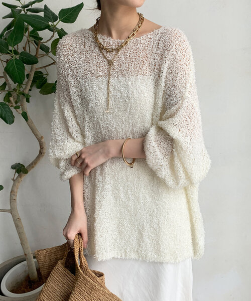 DouDou（ドゥドゥ）の「リボンヤーンプルオーバー（ニット/セーター・レディース・ライトベージュ/オフホワイト/ブルー・FREE）」の9枚目の写真